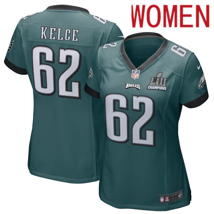 Women Philadelphia Eagles #62 Jason Kelce Nike Midnight Green Super Bowl LII Champions Patch Game NFL Jersey->women nfl jersey->Women Jersey